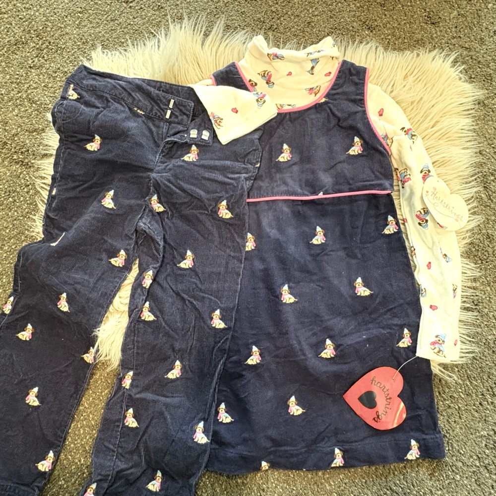 NWT Hartstrings Navy and Cream 3 pc dress/pant set Corduroy Size 6 Girls